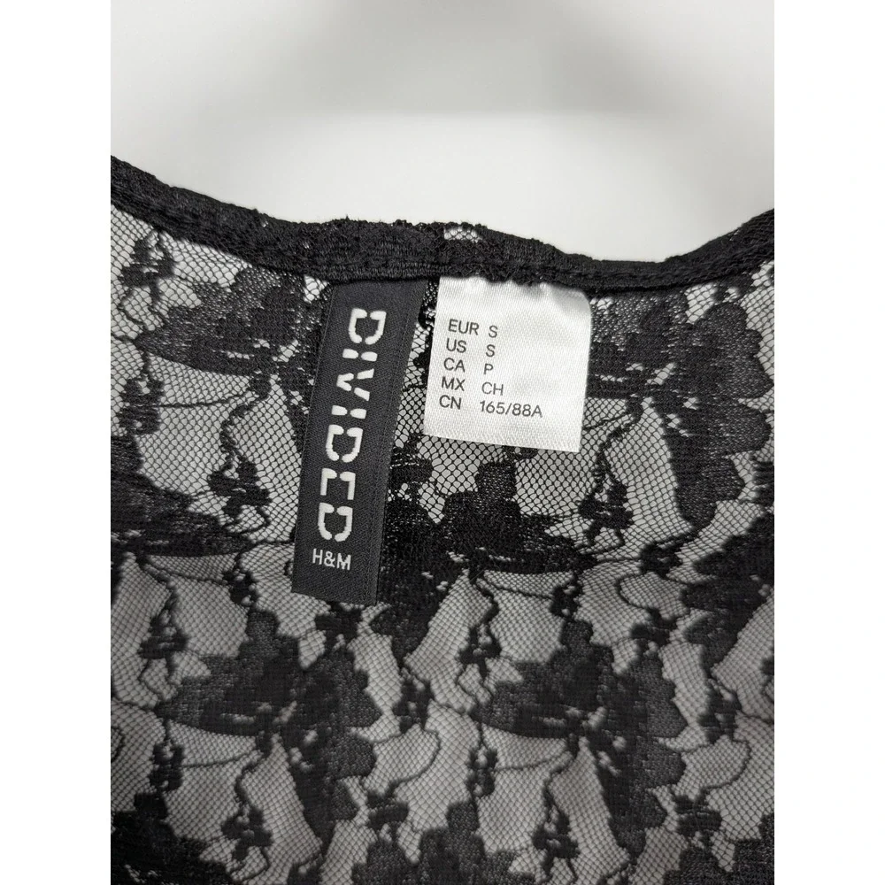 Whimsygoth Crop Top Womens Small Black Sheer Floral Lace Ruched Bell Sleeve‎
